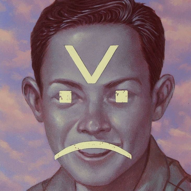 A surreal Casey Weldon painting at Spoke Art Gallery shows a grayscale man with a stylized face, a large V on his forehead, eyes obscured by squares, and a frown from a curved line amid pink and purple clouds. Medium: acrylic on board.