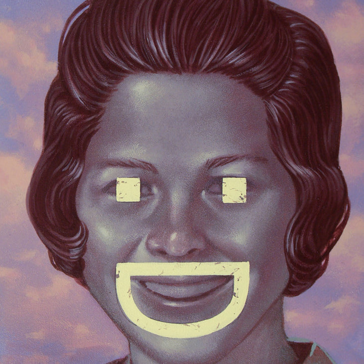 In this surreal portrait by Casey Weldon, a woman with stylized dark hair stands against a cloudy sky. Her eyes and mouth are hidden by white geometric shapes forming a smiley face, creating an abstract feel typical of Spoke Art Gallery exhibitions. Painted with acrylic on board.