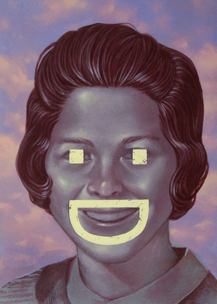 In this surreal portrait by Casey Weldon, a woman with stylized dark hair stands against a cloudy sky. Her eyes and mouth are hidden by white geometric shapes forming a smiley face, creating an abstract feel typical of Spoke Art Gallery exhibitions. Painted with acrylic on board.