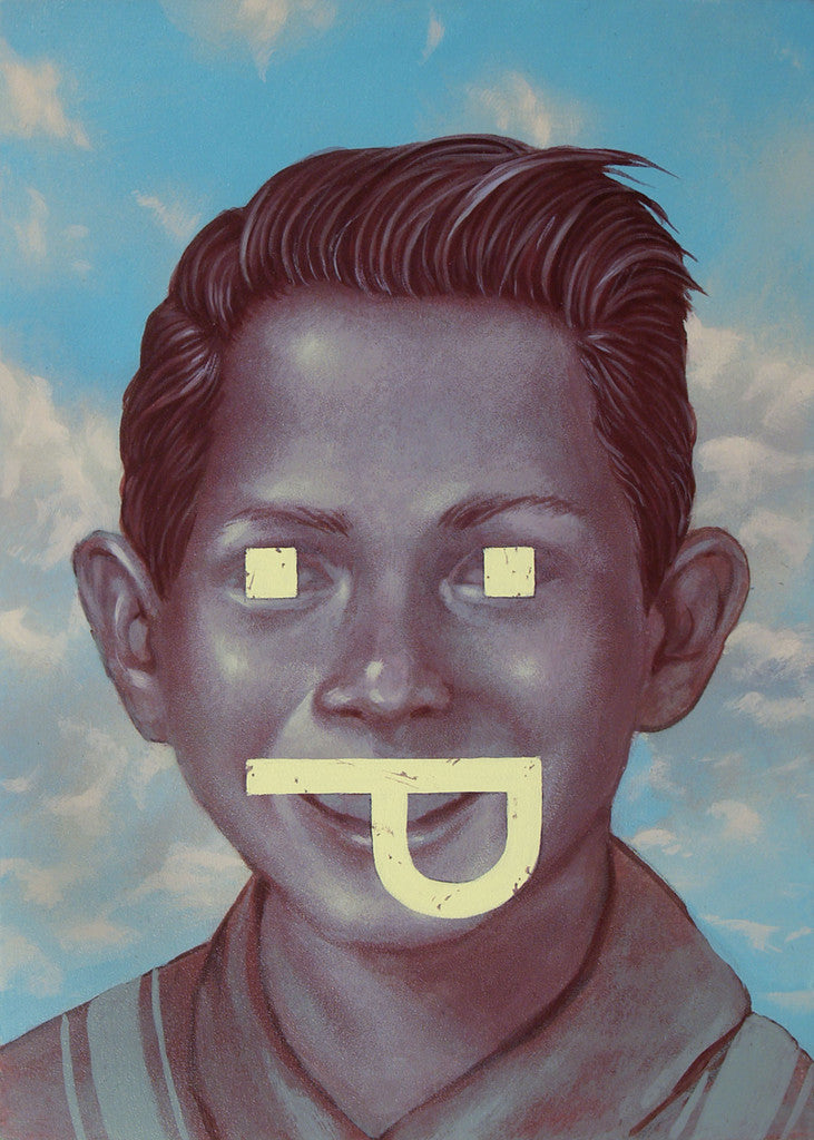 This Casey Weldon portrait features a playful twist: a boy with dark hair, set against a cloudy sky, has minimalist yellow smiley faces for eyes and mouth. Available via Spoke Art Gallerys Easy Payment Plan, its whimsical and accessible. Painted with acrylic on board.
