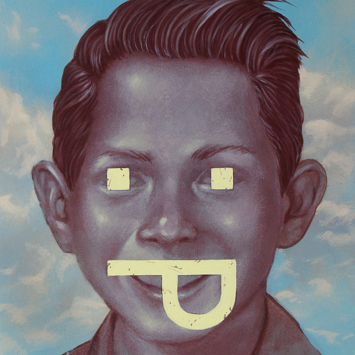 This Casey Weldon portrait features a playful twist: a boy with dark hair, set against a cloudy sky, has minimalist yellow smiley faces for eyes and mouth. Available via Spoke Art Gallerys Easy Payment Plan, its whimsical and accessible. Painted with acrylic on board.