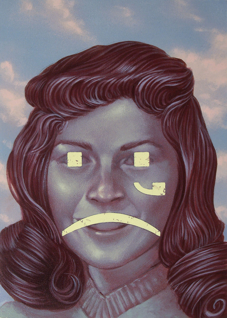 A vintage-style portrait from Casey Weldon features a woman with long dark hair against a cloudy sky. Her face is hidden by a large yellow sad face emoticon with square eyes and a frown, resembling an acrylic painting on board for Spoke Art Gallery.