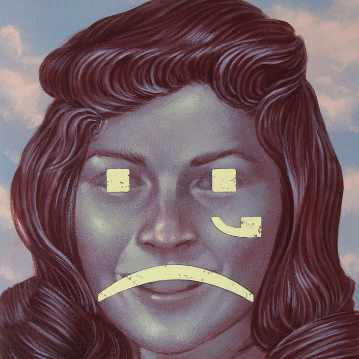 A vintage-style portrait from Casey Weldon features a woman with long dark hair against a cloudy sky. Her face is hidden by a large yellow sad face emoticon with square eyes and a frown, resembling an acrylic painting on board for Spoke Art Gallery.