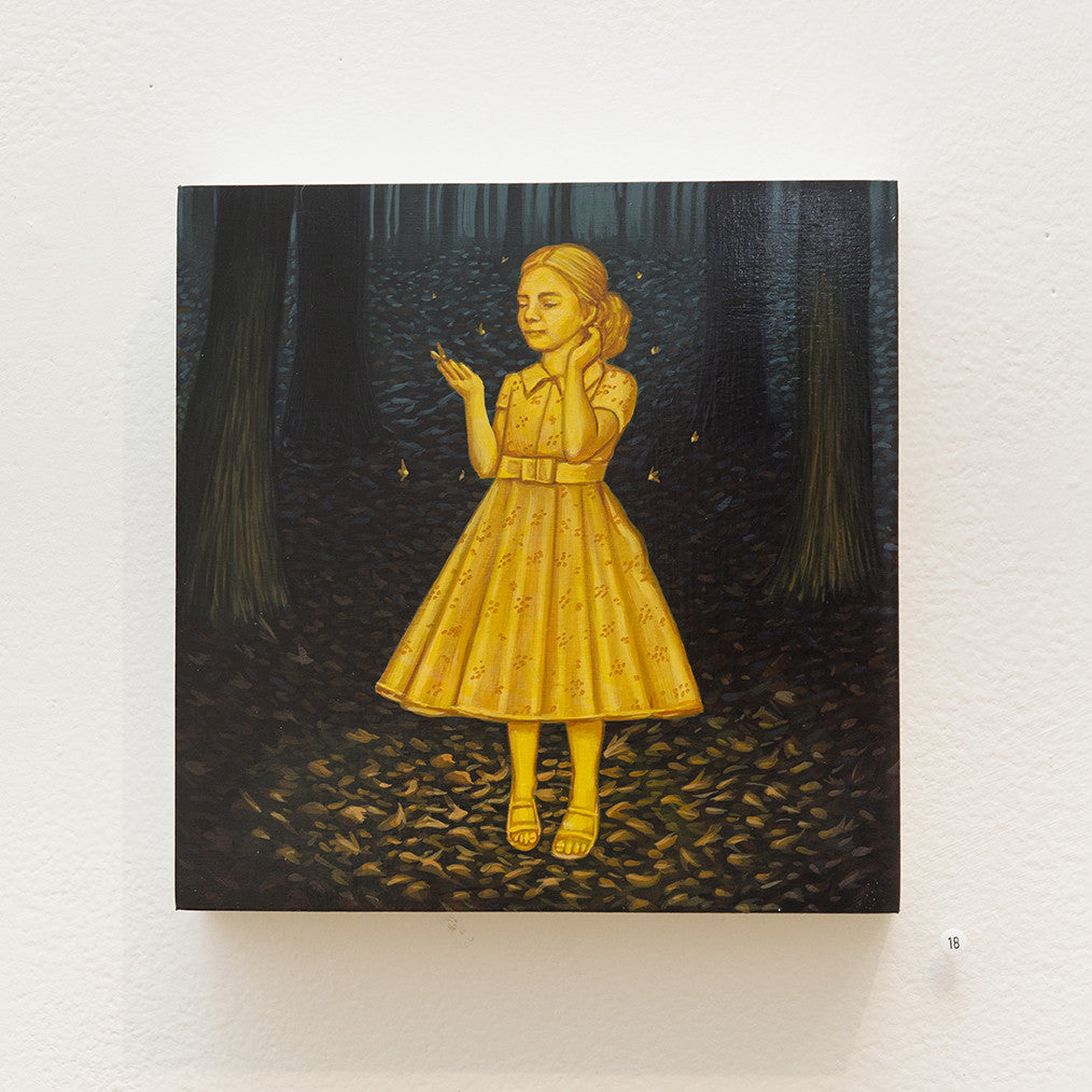 A captivating Casey Weldon acrylic wood painting depicting a young girl in a yellow dress deep in thought in a dark forest, eyes closed, hand near her face, amidst glowing lights. Part of the Primaries (Yellow) collection. Displayed on a white wall.