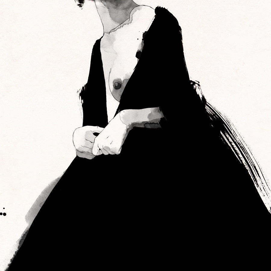 A Conrad Roset-inspired artwork features a woman in an off-shoulder black dress, with vibrant floral designs on her head contrasting the monochrome style. The silkscreen and watercolor technique highlights her expressive look against a white backdrop.