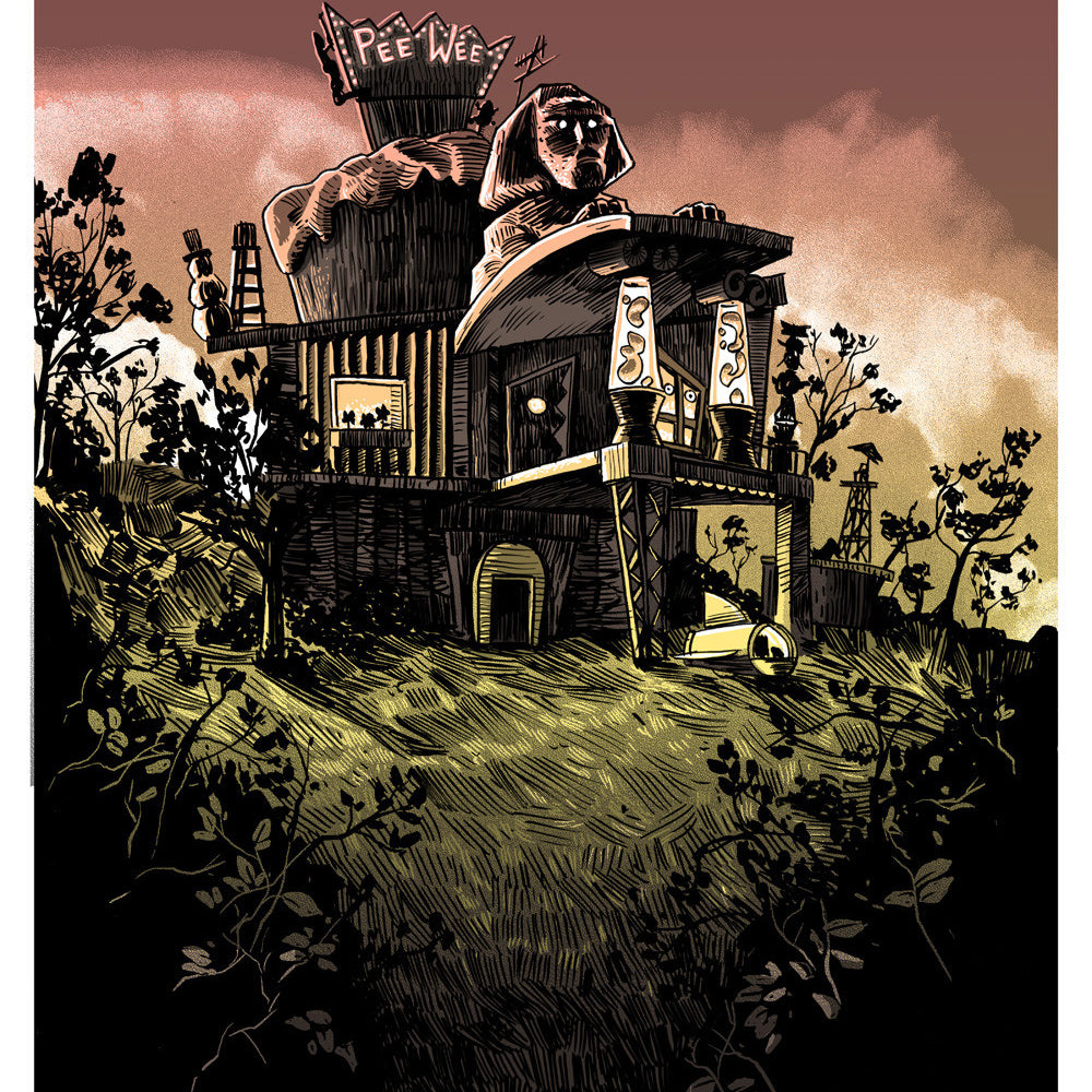 A stylized screen print by Tim Doyle features a building shaped like a boat, topped with a grand head and marked Pee Wee. Situated on a grassy hill with sparse trees under a dramatic sky, it captures the whimsical essence of Pee Wees Playhouse.