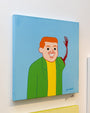 An acrylic cartoon-style painting on canvas, in Joan Cornellàs style, showcases a smiling person with red hair wearing a green jacket and yellow shirt. The figure waves as their arm dissolves into red strokes, creating a dripping effect against a light blue backdrop.
