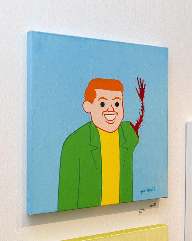 An acrylic cartoon-style painting on canvas, in Joan Cornellàs style, showcases a smiling person with red hair wearing a green jacket and yellow shirt. The figure waves as their arm dissolves into red strokes, creating a dripping effect against a light blue backdrop.