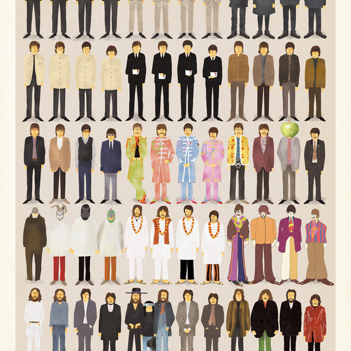 Max Daltons limited edition illustration showcases various figures in vibrant, diverse outfits arranged in rows, capturing evolving styles from a specific group across time. Ten Great Years is captioned at the bottom.