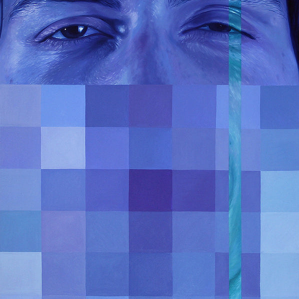 A close-up of a partially obscured face amid blue and purple pixelated squares evokes an oil on canvas style by Jen Mann. One eye is visible, while the rest stays hidden behind captivating pixelation, with a vertical green line enhancing this compelling digital art.
