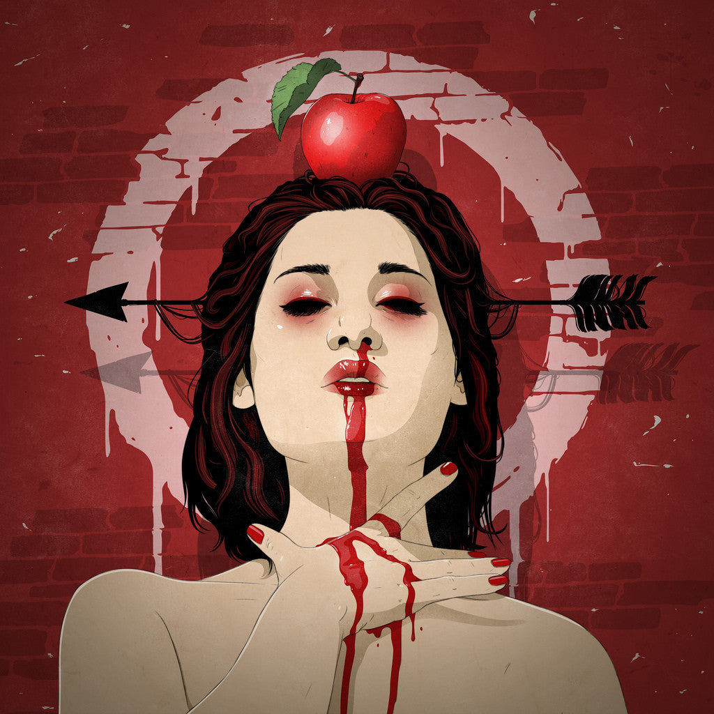 Reminiscent of a Jason Levesque piece, this illustration depicts a woman with closed eyes and an arrow-pierced apple on her head. Blood is visible on her neck and lips, set against a red and white target background that heightens the scenes drama against a brick wall.