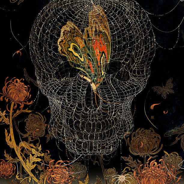 A vibrant butterfly rests at the center of a skull formed by an intricate spiderweb against a dark background, reminiscent of Victo Ngais style. Detailed floral patterns with orange and red blossoms enhance its mystic artistry, making it ideal for a fine art giclee print.