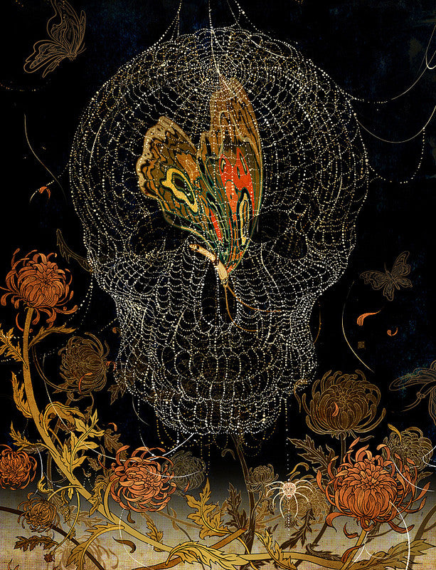 A vibrant butterfly rests at the center of a skull formed by an intricate spiderweb against a dark background, reminiscent of Victo Ngais style. Detailed floral patterns with orange and red blossoms enhance its mystic artistry, making it ideal for a fine art giclee print.