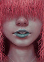 An intriguing acrylic on wood by Casey Weldon depicts a person with long pink hair over their eyes, teal lips, and a light freckled complexion. The expression is neutral, and a necklace is barely visible.