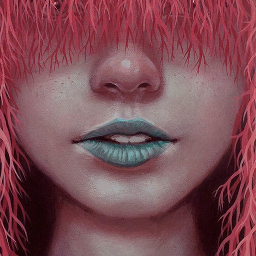 An intriguing acrylic on wood by Casey Weldon depicts a person with long pink hair over their eyes, teal lips, and a light freckled complexion. The expression is neutral, and a necklace is barely visible.