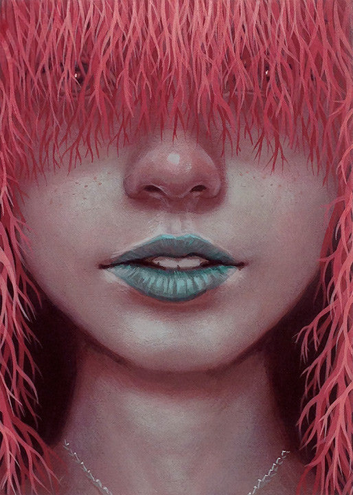 An intriguing acrylic on wood by Casey Weldon depicts a person with long pink hair over their eyes, teal lips, and a light freckled complexion. The expression is neutral, and a necklace is barely visible.