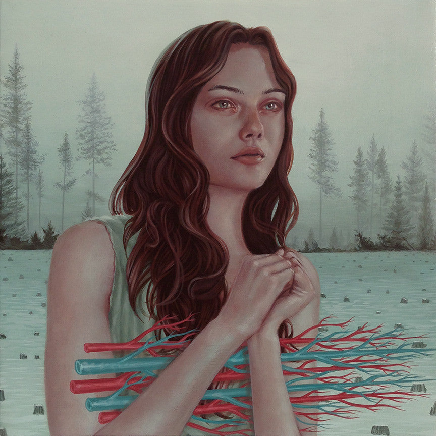 In a foggy forest, a long-haired woman stands with branches extending from her sides and tree stumps surrounding her, creating the surreal atmosphere characteristic of Casey Weldon art.