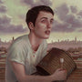 With short dark hair, a person in a white shirt gazes thoughtfully upwards, holding a drum labeled Dull Drum. They stand on a rooftop against the city skyline under cloudy skies, resembling Casey Weldons acrylic artworks.