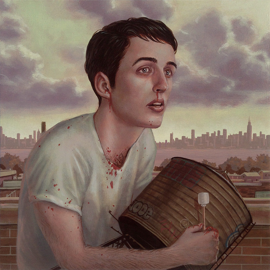 With short dark hair, a person in a white shirt gazes thoughtfully upwards, holding a drum labeled Dull Drum. They stand on a rooftop against the city skyline under cloudy skies, resembling Casey Weldons acrylic artworks.