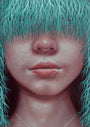 Casey Weldons Veinity 2 is a surreal acrylic painting on wood, depicting a face with blue-green, grass-like hair covering the eyes. The detailed skin and slightly parted lips create an ethereal and mysterious aura.