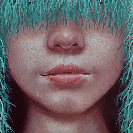 Casey Weldons Veinity 2 is a surreal acrylic painting on wood, depicting a face with blue-green, grass-like hair covering the eyes. The detailed skin and slightly parted lips create an ethereal and mysterious aura.