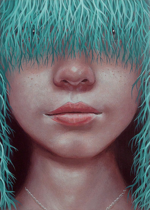 Casey Weldons Veinity 2 is a surreal acrylic painting on wood, depicting a face with blue-green, grass-like hair covering the eyes. The detailed skin and slightly parted lips create an ethereal and mysterious aura.