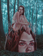An acrylic on wood by Casey Weldon features a surreal image of a womans head emerging from the forest floor with another woman perched above, surrounded by red branches and turquoise foliage, capturing his distinct style.