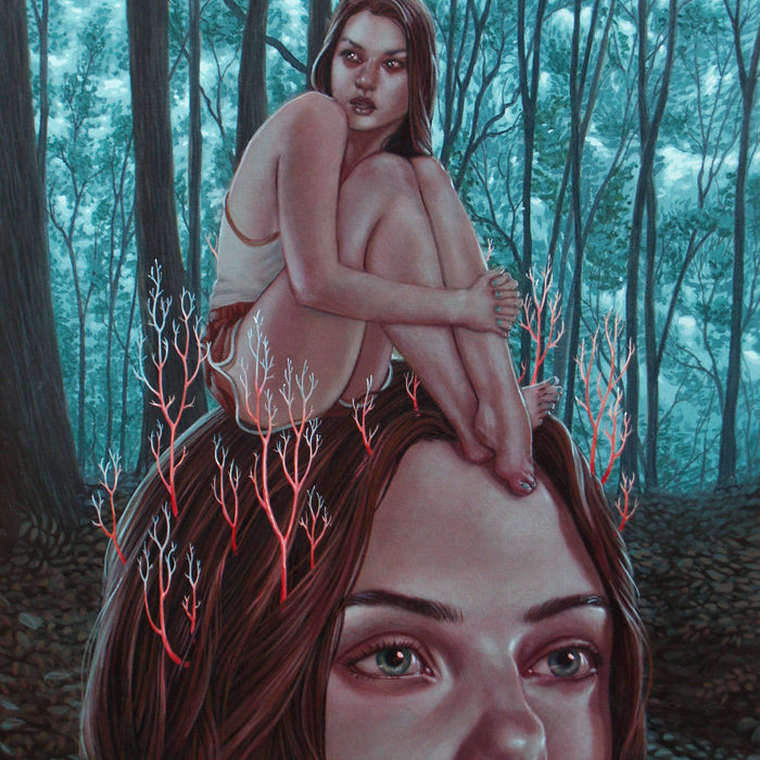 An acrylic on wood by Casey Weldon features a surreal image of a womans head emerging from the forest floor with another woman perched above, surrounded by red branches and turquoise foliage, capturing his distinct style.