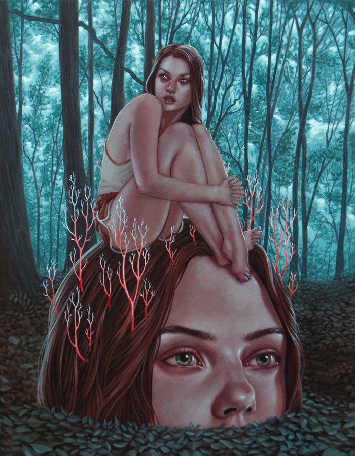 An acrylic on wood by Casey Weldon features a surreal image of a womans head emerging from the forest floor with another woman perched above, surrounded by red branches and turquoise foliage, capturing his distinct style.