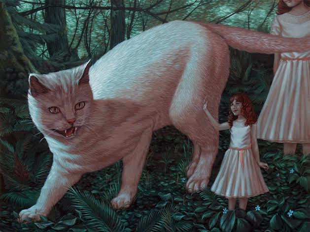 A whimsical Casey Weldon-inspired acrylic on wood painting shows a giant cat in a forest with one raised paw, next to a small girl with vibrant red hair and white dress, gently touching its leg. A partially visible second figure in white appears on the right.