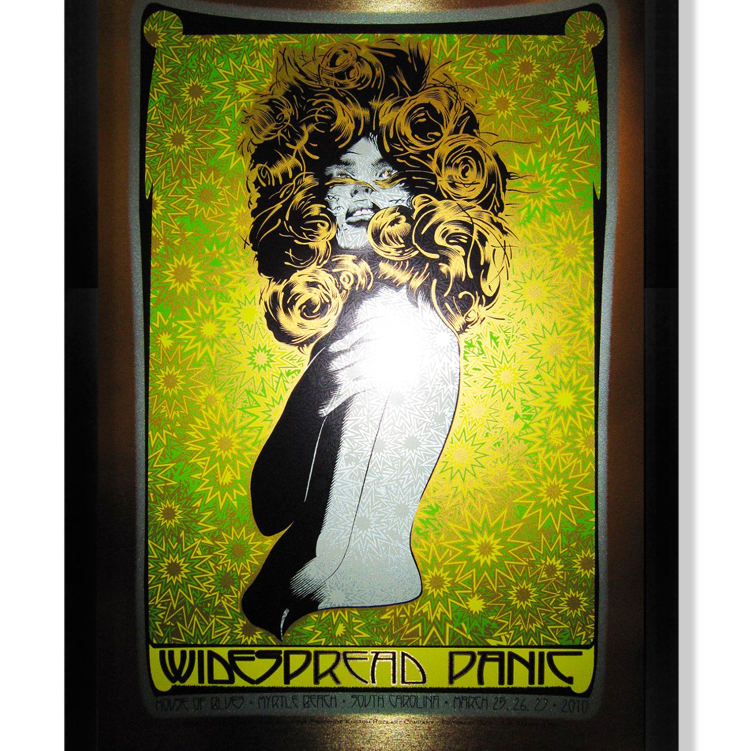 The concert poster by Chuck Sperry displays a stylized woman with swirling hair on a vibrant green and yellow backdrop, adorned with Widespread Panic text and concert details. Its elegantly framed in black with brushed gold foil accents.