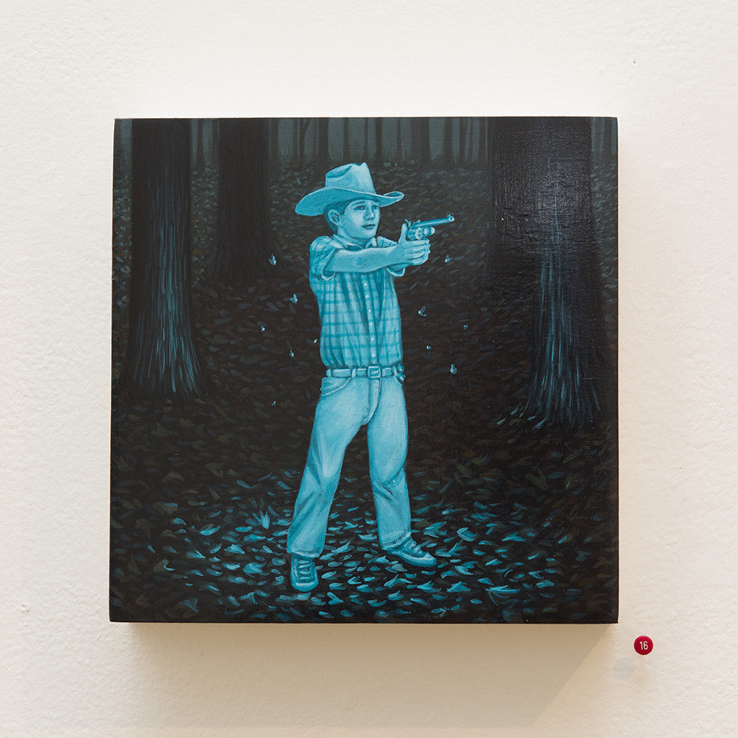 Casey Weldons acrylic painting on wood shows a figure in a cowboy hat and checkered shirt aiming a gun in a forest. The artwork uses blue and black shades for a night-time feel, with a red tag displaying the number 18 beneath this captivating piece for sale.