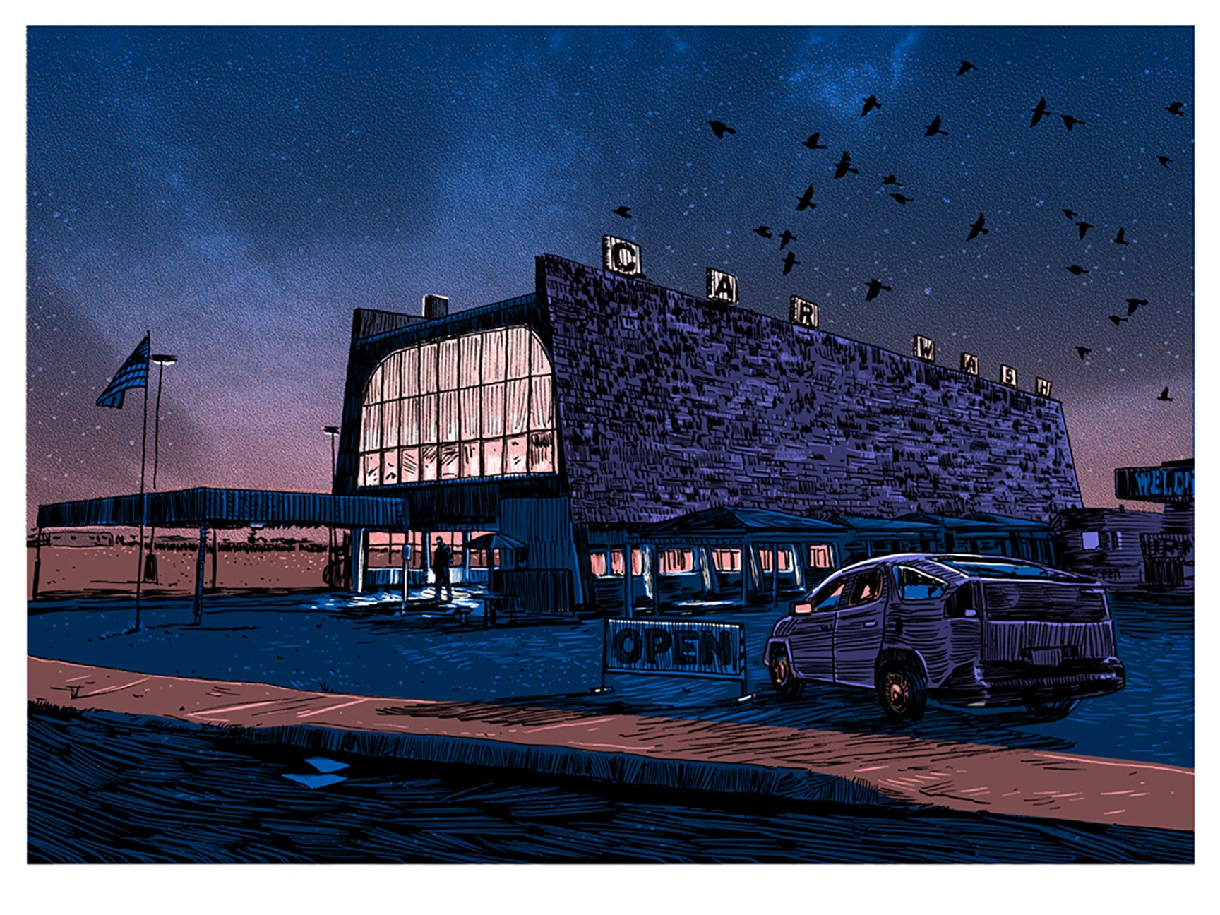 A vintage car parks near a lit OPEN sign at a retro drive-in theater in a stylized nighttime scene. The building boasts large windows, neon signs, and an American flag, reminiscent of a Tim Doyle screen print with silhouetted birds against a starry sky.