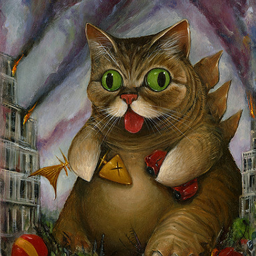In a fiery cityscape, Dave Correias Lil Bubzilla—a giant cartoon cat with green eyes and scales—holds a tiny car and toy dragon. Amidst billowing smoke and chaos, a red ball adds to the whimsy, capturing the essence of the Lil Bub art exhibit.