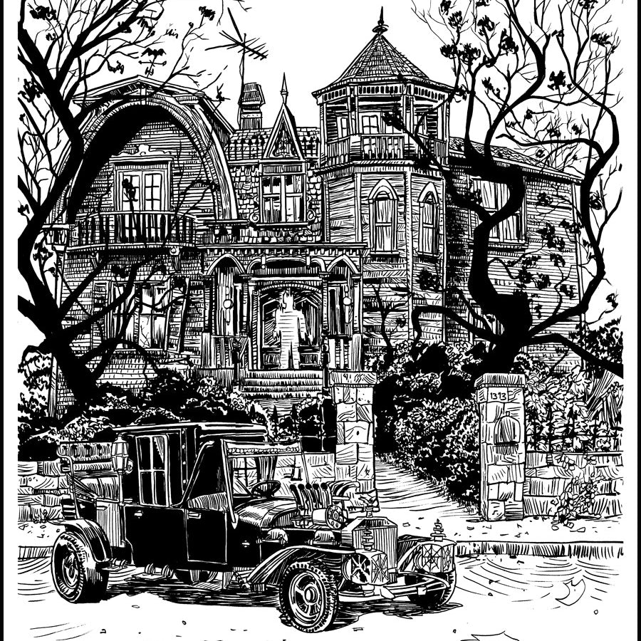 Tim Doyles original pen and ink illustration depicts a black-and-white Gothic mansion with bare trees and an antique car in front, highlighting the eerie atmosphere and intricate architectural details of the spooky 18x24 facade.