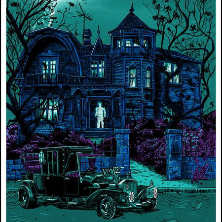 A vintage car rests before a spooky, old mansion under a full moon. The dark house has glowing windows and is surrounded by leafless trees. A ghostly figure stands in the doorway. This eerie scene mirrors Tim Doyles limited edition screen print, capturing an atmospheric moment in time.