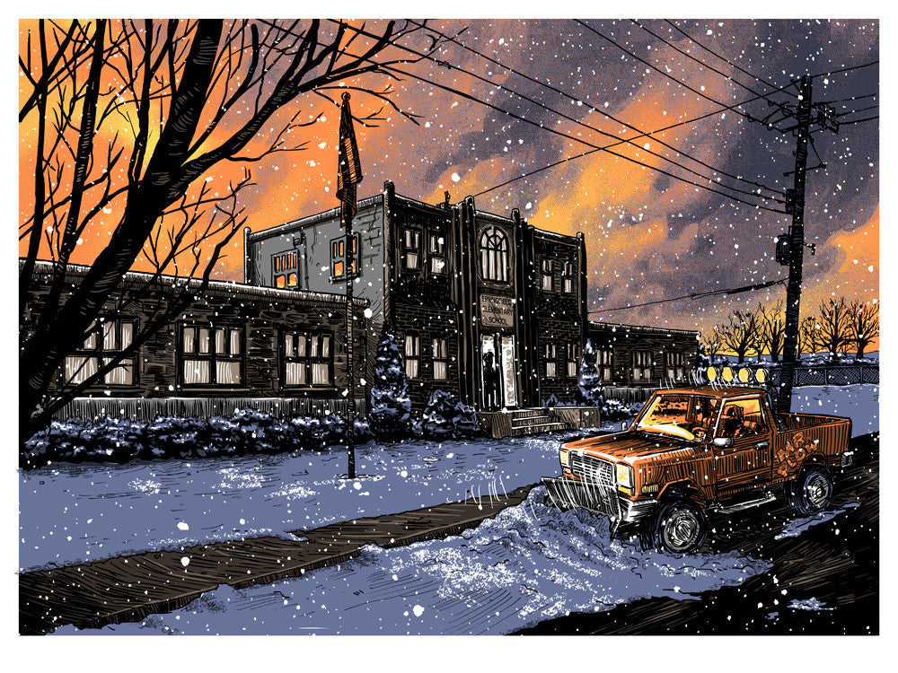 A snowy evening with a vintage truck before a historic building resembles a Tim Doyle screen print. Snowflakes gently blanket the scene, and an orange-purple sky highlights the winter ambiance, capturing an iconic Simpsons moment.