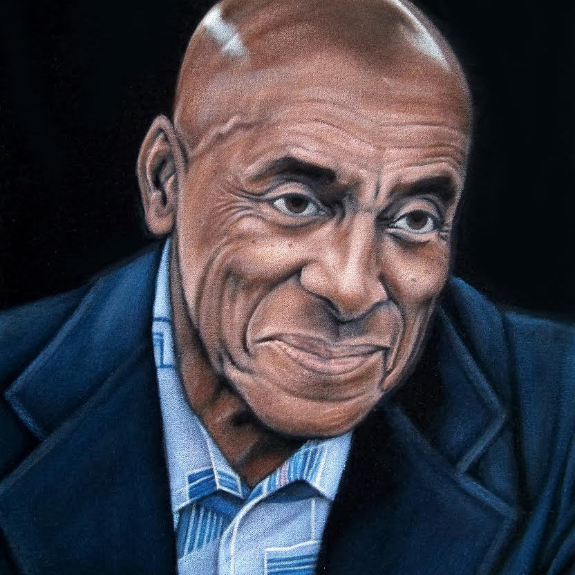 This acrylic on velvet masterpiece by Bruce White portrays an older man with a bald head and deep wrinkles, wearing a dark blue jacket over a patterned shirt. Against a black background, his gentle smile and intricate expression reflect the style curated by Spoke Art Gallery.