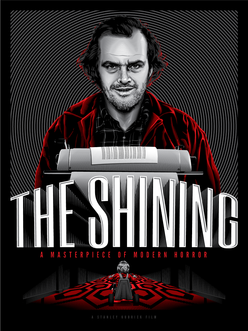Tracie Chings The Shining poster showcases a smiling man above a typewriter, enhanced by swirling patterns and patterned carpet, capturing the essence of this modern horror classic.