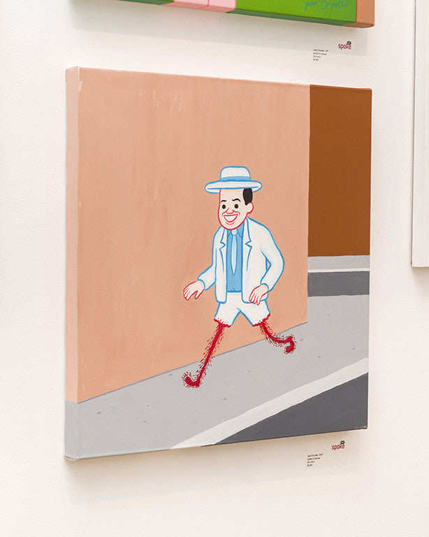 An acrylic on canvas artwork titled Untitled #12 by Joan Cornellà depicts a cartoonish man in a light blue suit and hat, smiling and walking. He has red brushstroke legs set against a pale pink and brown wall background.