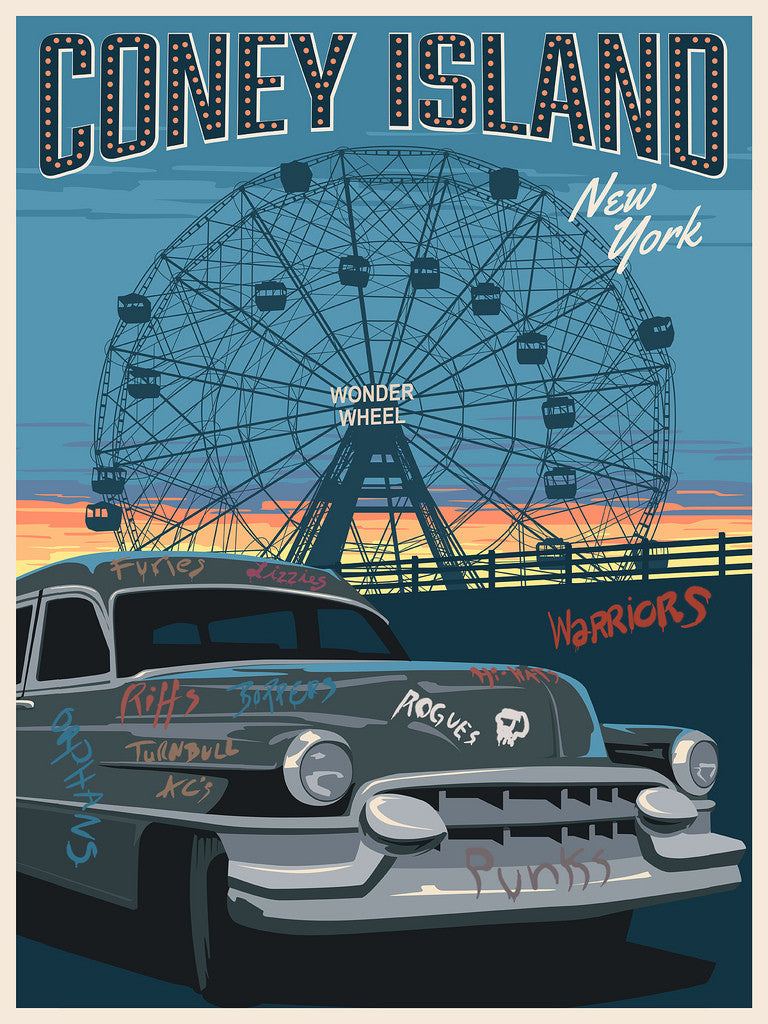 Steve Thomas presents a fine art giclee print of a vintage car with graffiti in front of Coney Islands Wonder Wheel, crowned with Coney Island. The retro illustration captures a sunset sky and is a limited edition treasure for collectors.