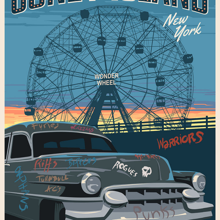 Steve Thomas presents a fine art giclee print of a vintage car with graffiti in front of Coney Islands Wonder Wheel, crowned with Coney Island. The retro illustration captures a sunset sky and is a limited edition treasure for collectors.
