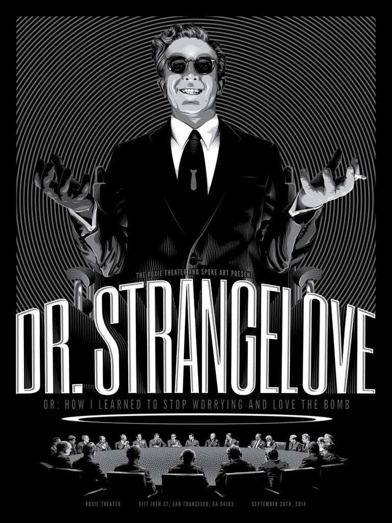 This Tracie Ching black and white screen print poster for Dr. Strangelove features a man grinning in sunglasses and a suit, with the films full title and San Francisco event details subtly shimmering in metallic inks below.