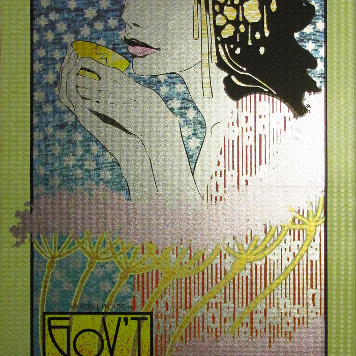 Chuck Sperrys artistic poster showcases a stylized woman with ornate headgear holding a yellow object, set against stars and abstract patterns. It features text at the bottom detailing a 2002 Govt Mule event at The Warfield, highlighting vintage decorative design elements.