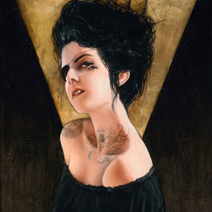 With short black hair styled upward, an off-the-shoulder top, an eye patch, and a detailed chest tattoo, the individual channels Charmaine Olivias style against a golden triangle background, akin to a living archival pigment print.