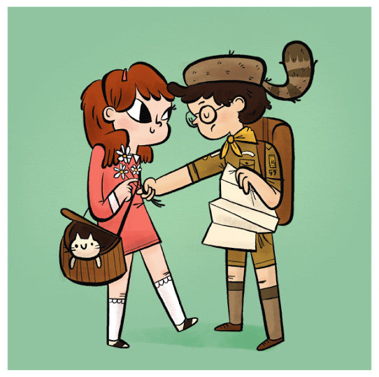 In a vibrant scene by Lauren Gregg, a girl in a red dress holds flowers while a boy in scout gear hands her a note. His backpack and map are ready as her basket reveals a curious cat. This limited edition piece captures their enchanting moment against the lush greenery.