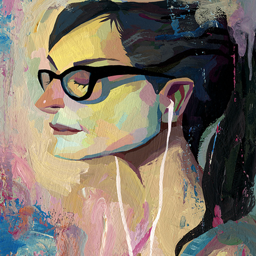 A vibrant acrylic abstract by Rich Pellegrino showcases a serene person in profile with glasses and earphones. This Spoke Art Gallery piece blends dynamic blues, pinks, and yellows on board, featuring the figure with eyes closed amidst textured hues.