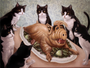 Casey Weldons acrylic-on-wood painting humorously showcases five black and white cats around a dinner table, eyeing ALF, the fictional alien, posed as a roasted dish with herbs and vegetables. The curious and amused cats make this piece popular at San Francisco art fairs.