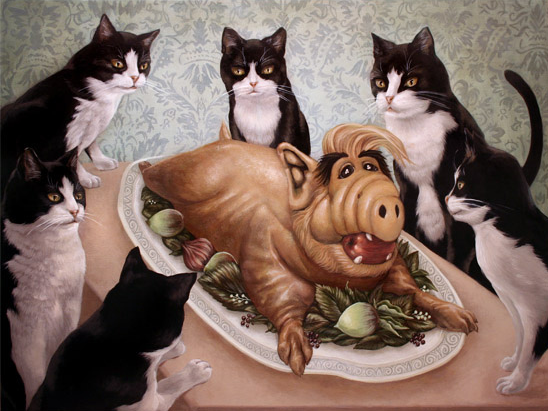 Casey Weldons acrylic-on-wood painting humorously showcases five black and white cats around a dinner table, eyeing ALF, the fictional alien, posed as a roasted dish with herbs and vegetables. The curious and amused cats make this piece popular at San Francisco art fairs.