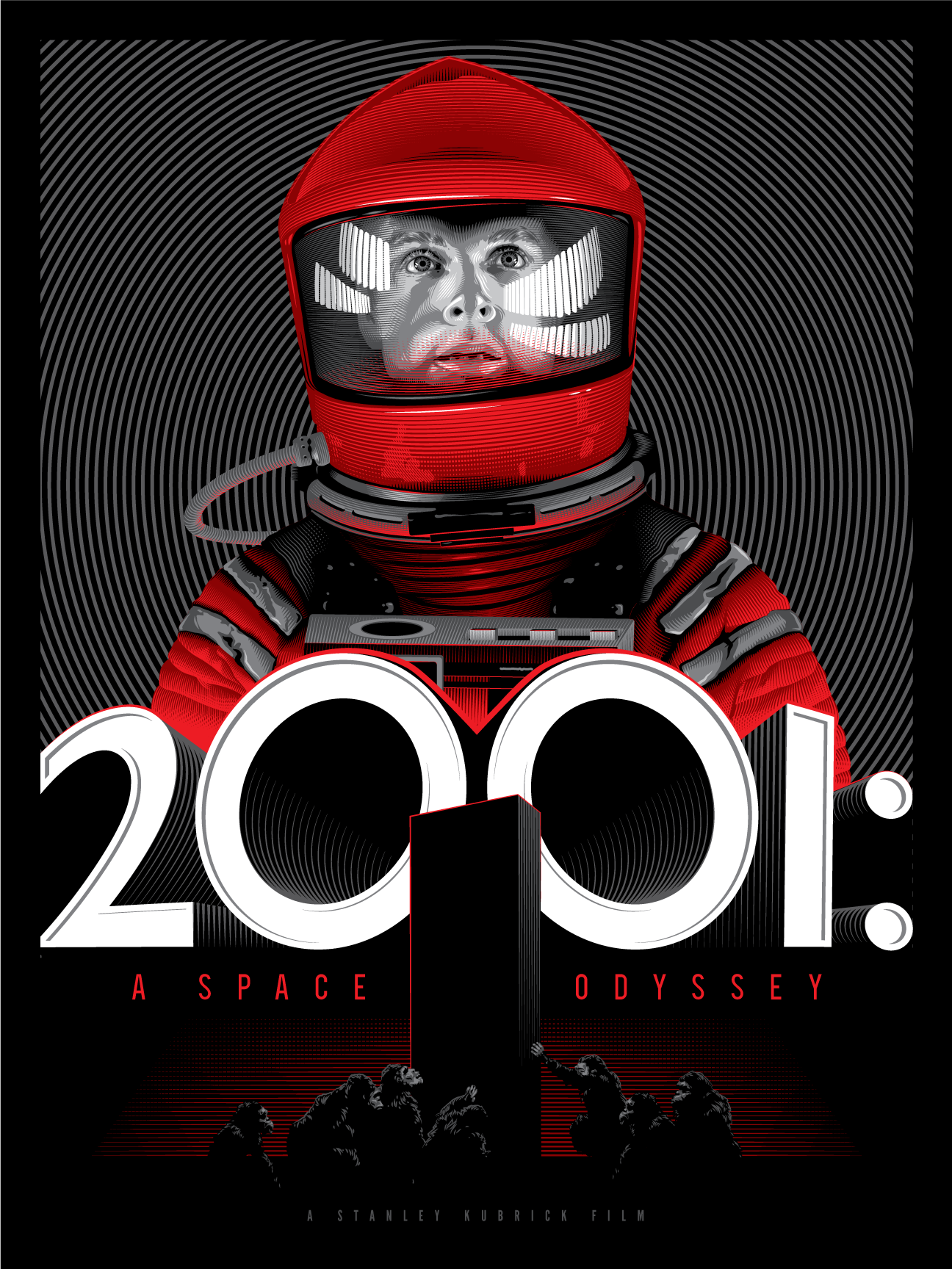 Tracie Chings 2001: A Space Odyssey screen print showcases a person in a red spacesuit set against a black and white spiral. The bold title is at the bottom, above a monolith and ape silhouettes.
